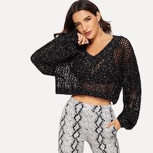 Romwe Bishop Sleeve Loose Knit Crop Jumper