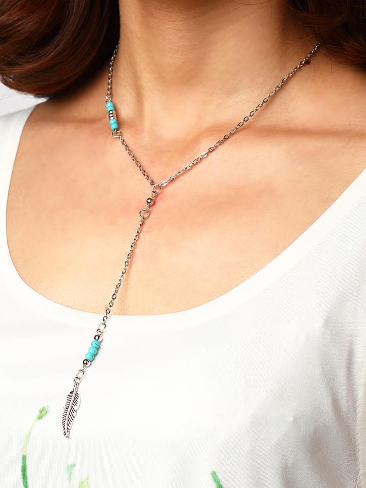 Romwe Silver-tone Turquoise Carved Feather Pendant Link Necklace