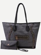Romwe Black Cloth Studded Front Zipper Tote Bag With Purse