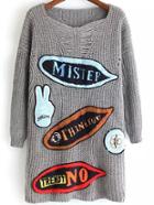 Romwe Flocked Patch Long Grey Sweater