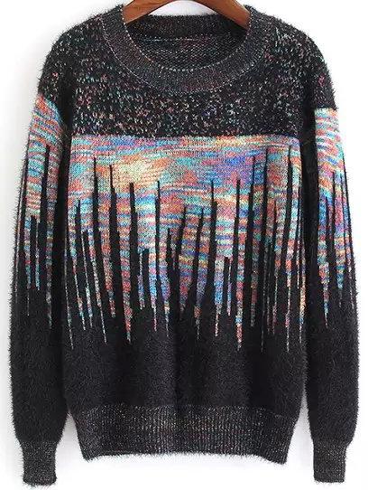 Romwe Women Long Sleeve Printed Black Sweater