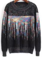 Romwe Women Long Sleeve Printed Black Sweater