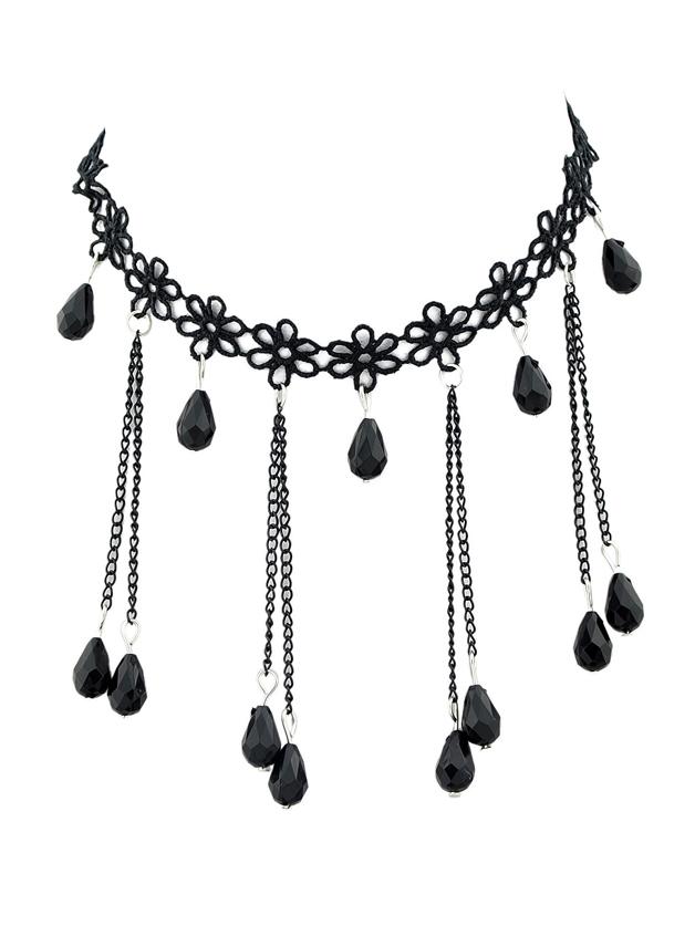 Romwe Black Color Long Beads Chain Lace Choker Necklaces