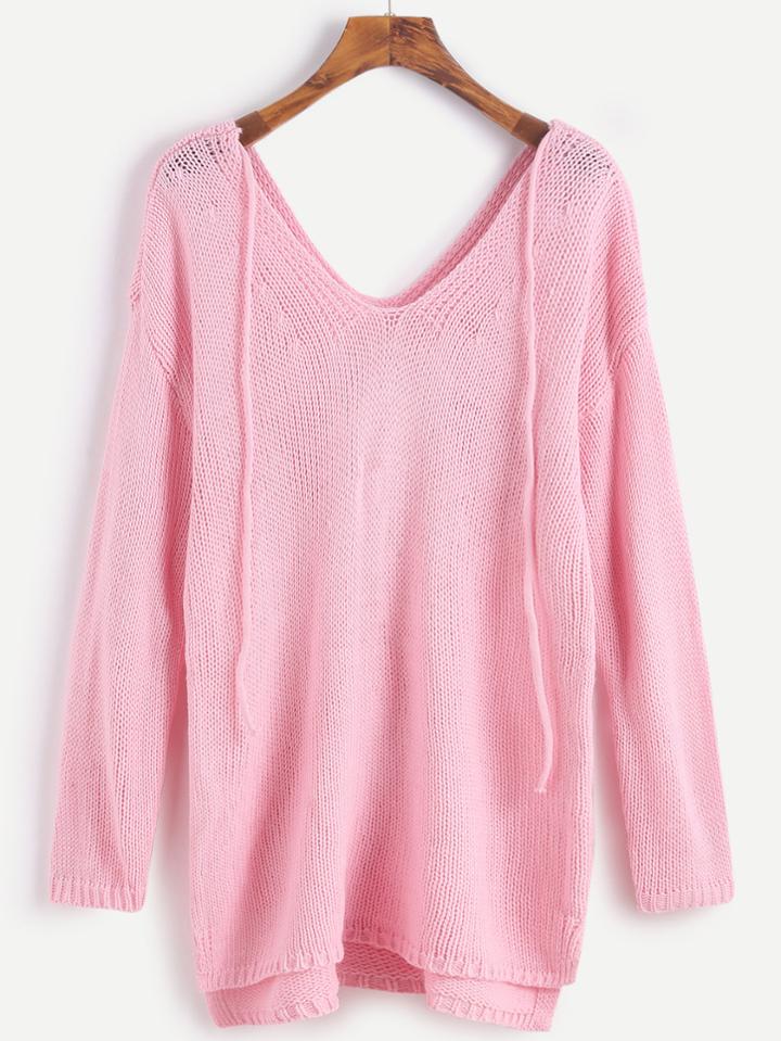 Romwe Pink Double V Neck High Low Self Tie Sweater