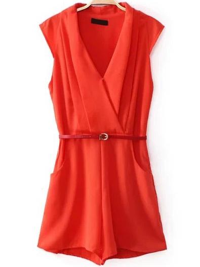 Romwe V Neck Pockets Slim Orange Jumpsuit
