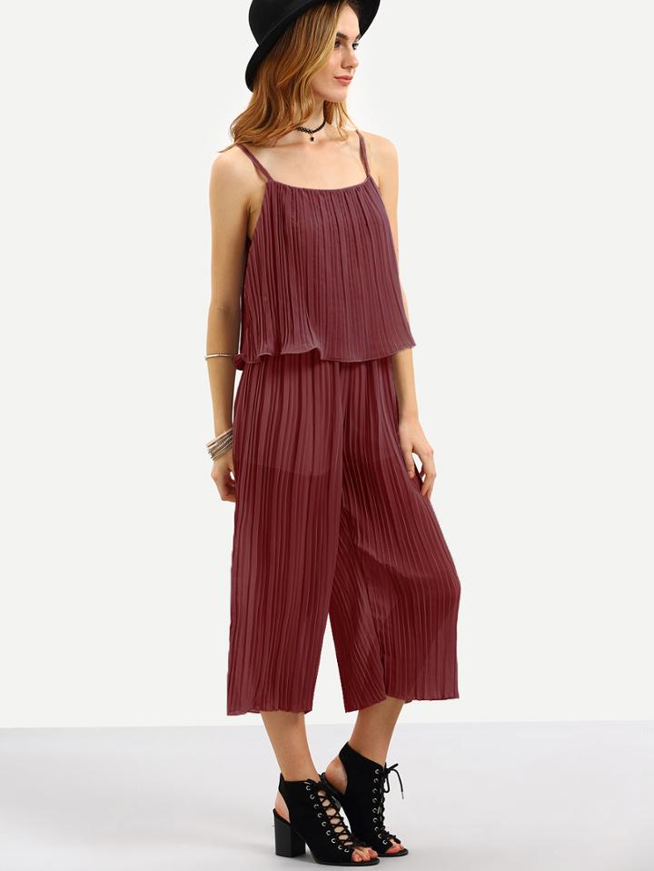 Romwe Burgundy Ruffled Pleated Chiffon Wide Leg Cami Jumpsuit