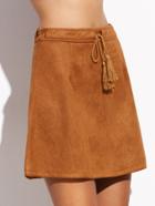 Romwe Camel Faux Suede Tassel Tie A-line Skirt