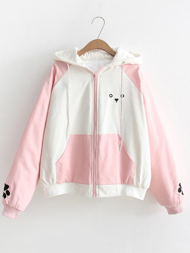 Romwe Bear Detail Zip Up Hooded Jacket