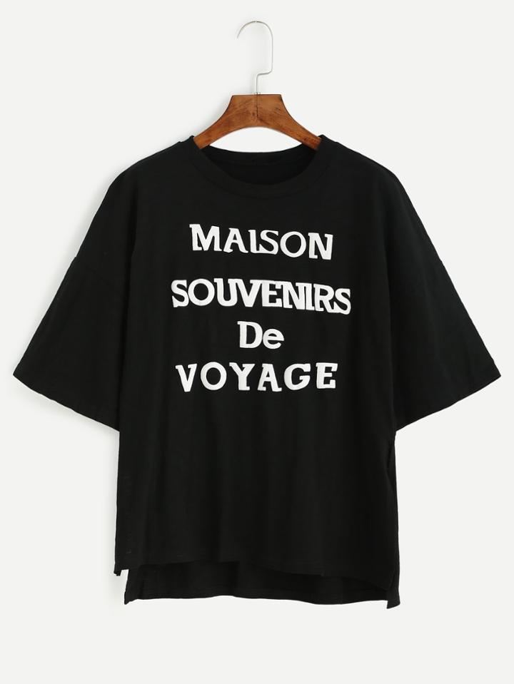 Romwe Black Letter Print High Low Slit Side T-shirt