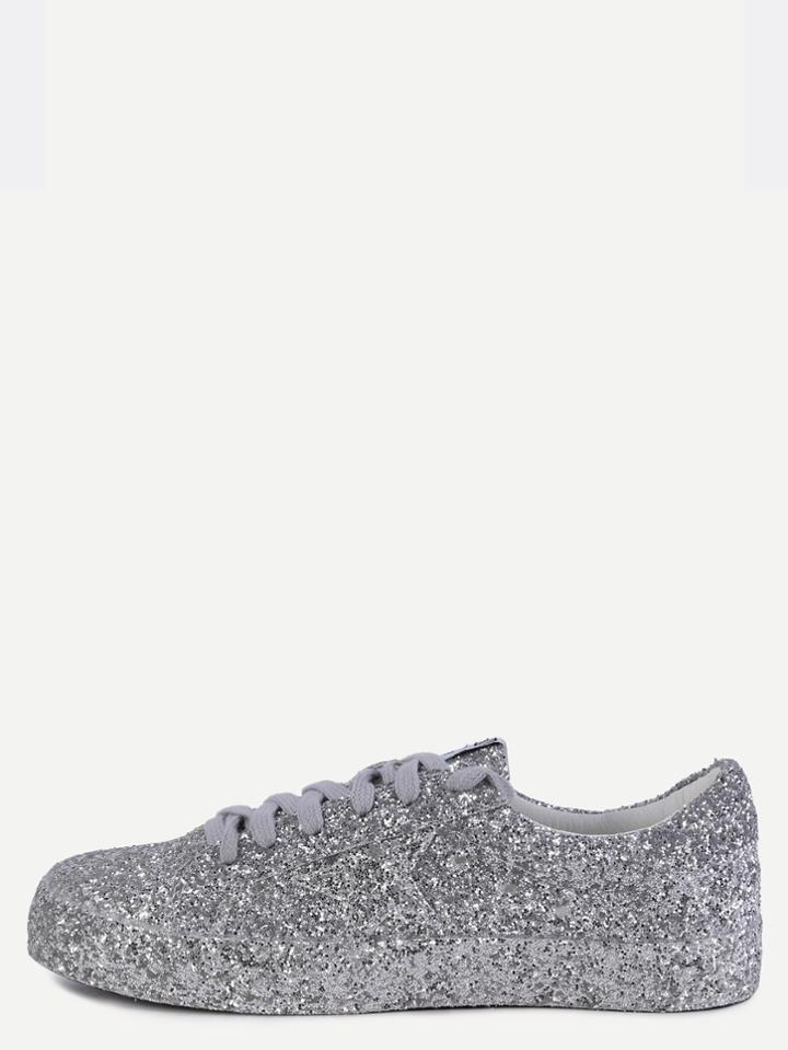 Romwe Silver Sequin Leather Low Top Sneakers