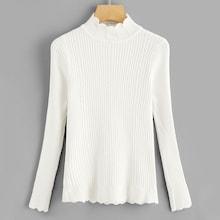 Romwe Scalloped Trim Ribbed Knit Sweater