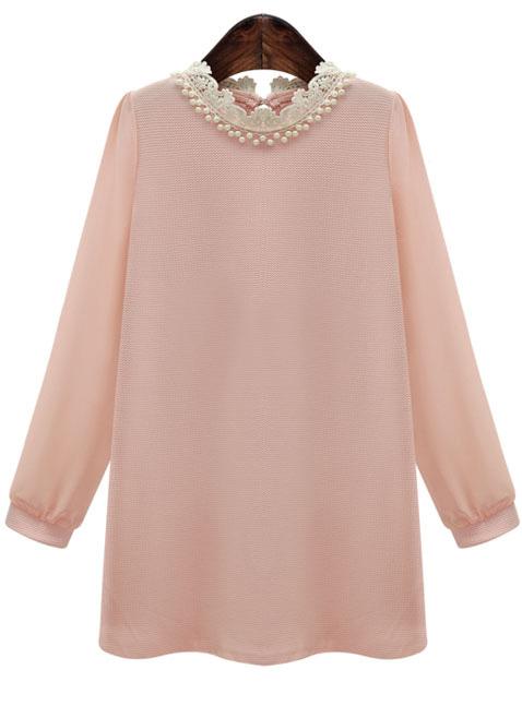 Romwe Contrast Lace Collar Bead Pink Dress