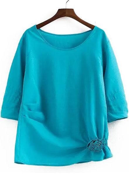 Romwe Round Neck Applique Blue Top