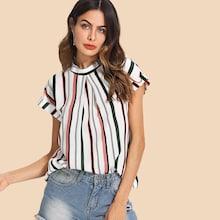 Romwe Fold Pleat Front Striped Top