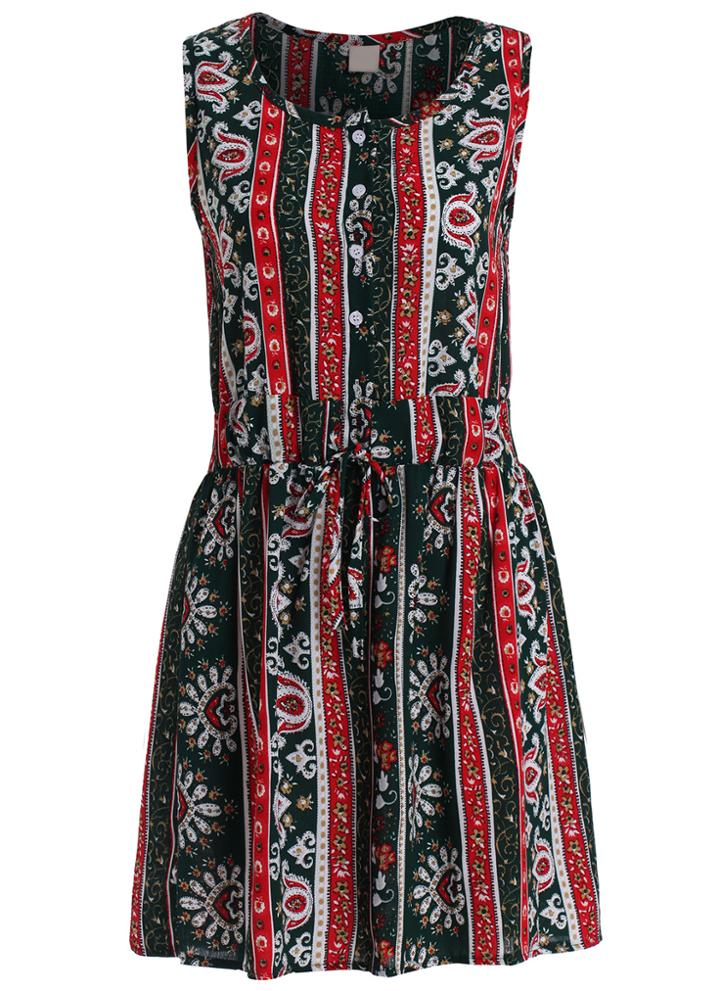 Romwe With Buttons Vintage Print Dress