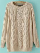 Romwe Beige Long Sleeve Cable Knit Loose Sweater