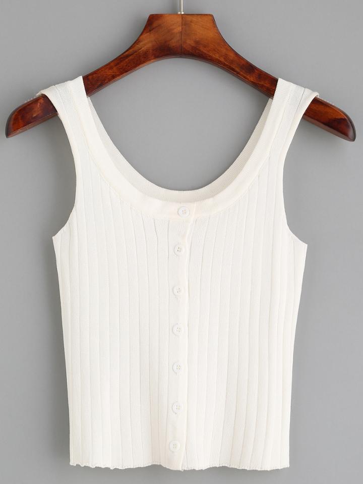 Romwe White Button Front Ribbed Knit Tank Top
