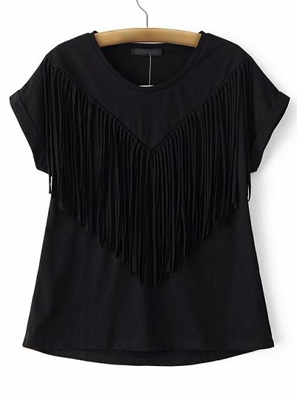 Romwe Black Roll Up Cuff Fringe Casual T-shirt