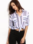 Romwe Blue Mixed Striped Dual Pocket Front Blouse