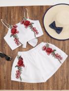 Romwe Flower Applique Tie Back Cami Top With Shorts