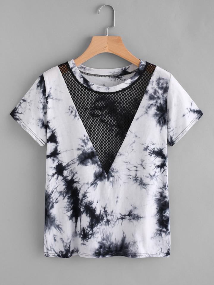 Romwe Fishnet Panel Water Color Tee