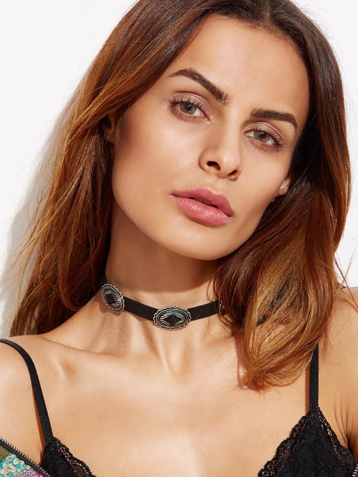 Romwe Antique Silver Carved Geometric Choker Necklace