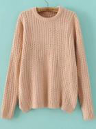 Romwe Pink Round Neck Side Zipper Cable Knit Sweater