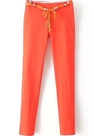 Romwe Bead Belt Slim Orange Pant