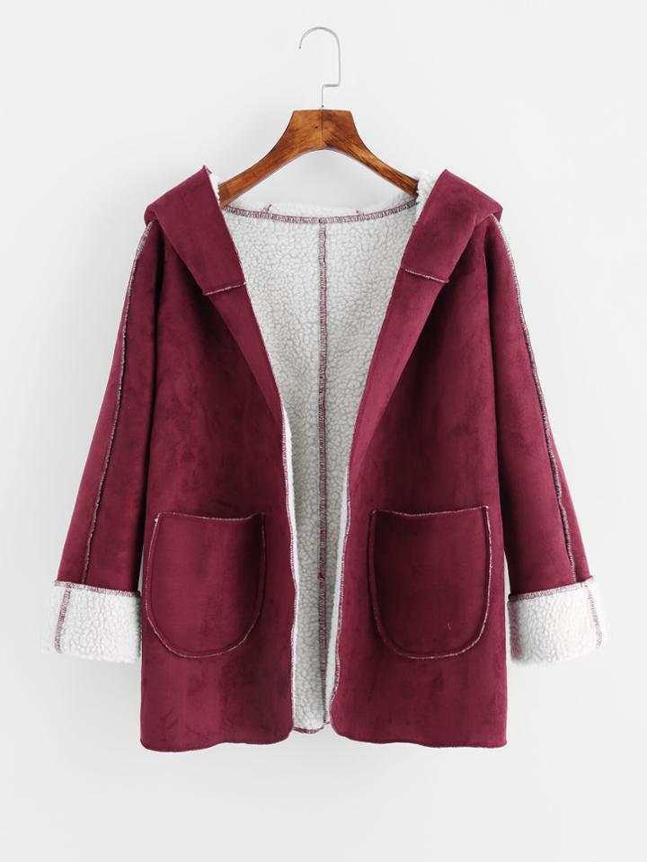 Romwe Faux Shearling Lined Hooded Coat