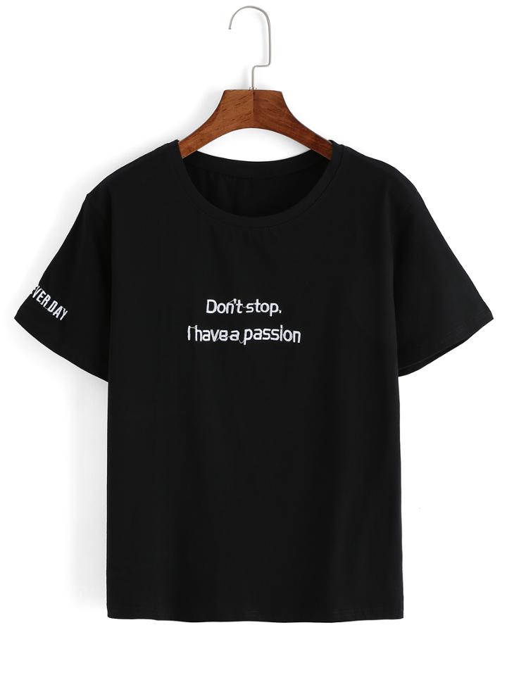 Romwe Letters Embroidered Black T-shirt