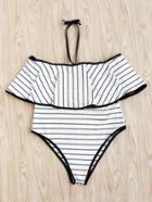 Romwe Pinstriped High Waist Flounce Bikini Set