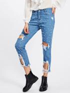 Romwe Pearl Beading Destroyed Jeans