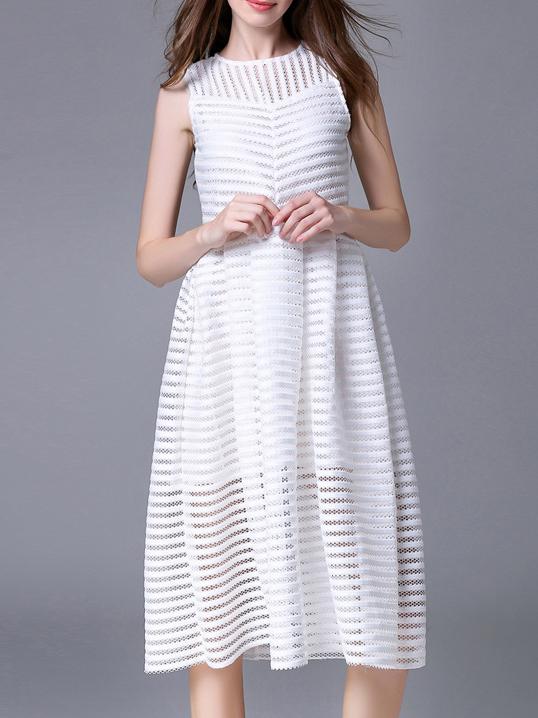 Romwe White Crew Neck Hollow A-line Dress