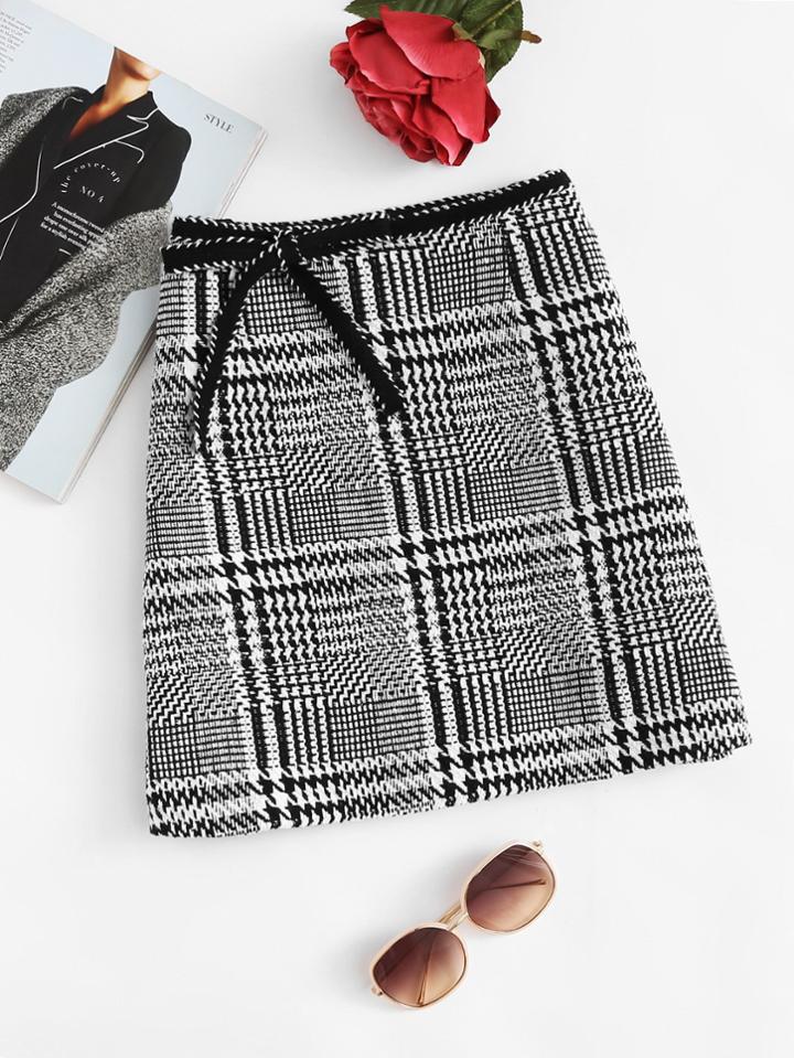 Romwe Bow Tie Waist Houndstooth Skirt