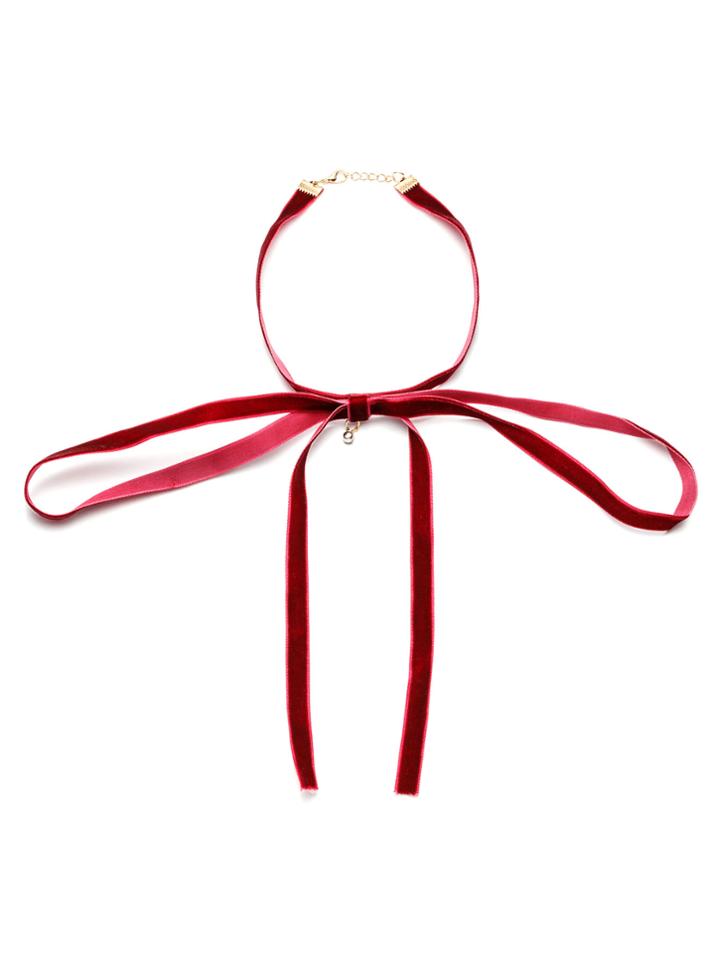 Romwe Burgundy Tie Neck Velvet Bowknot Choker Necklace