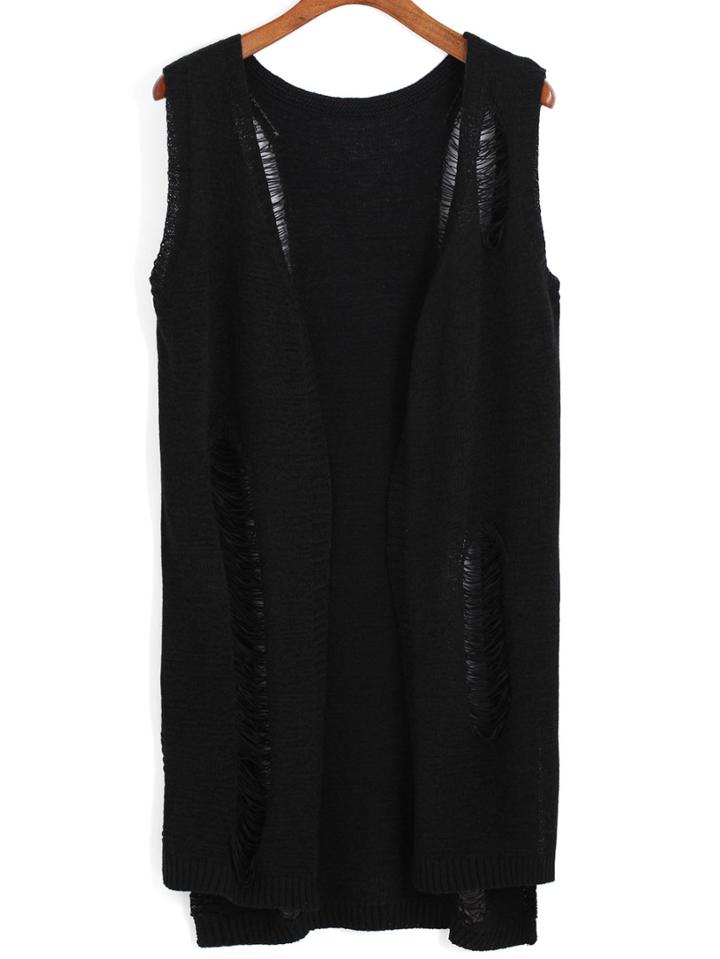 Romwe Dip Hem Ripped Black Cardigan