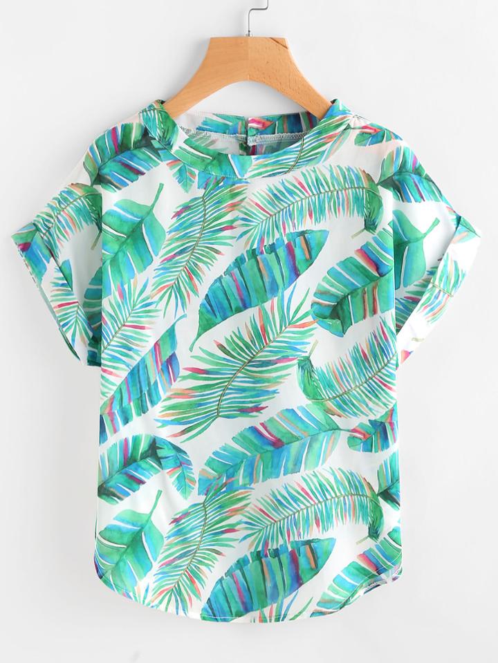 Romwe Rolled Cuff Curved Hem Top