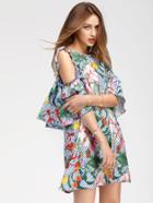 Romwe Tropical Print Open Shoulder Dress With Frill