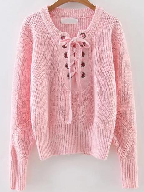 Romwe Pink Eyelet Lace Up Ribbed Trim Sweater