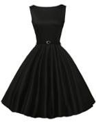 Romwe Belted Fit & Flare Sleeveless Dress - Black