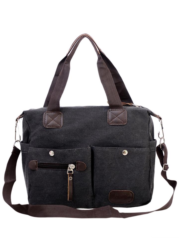 Romwe Dual Pocket Front Canvas Shoulder Bag - Black