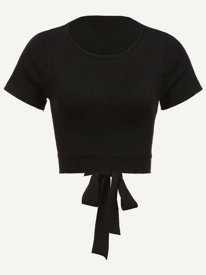 Romwe Black Cutout Tie Back Ribbed Crop T-shirt