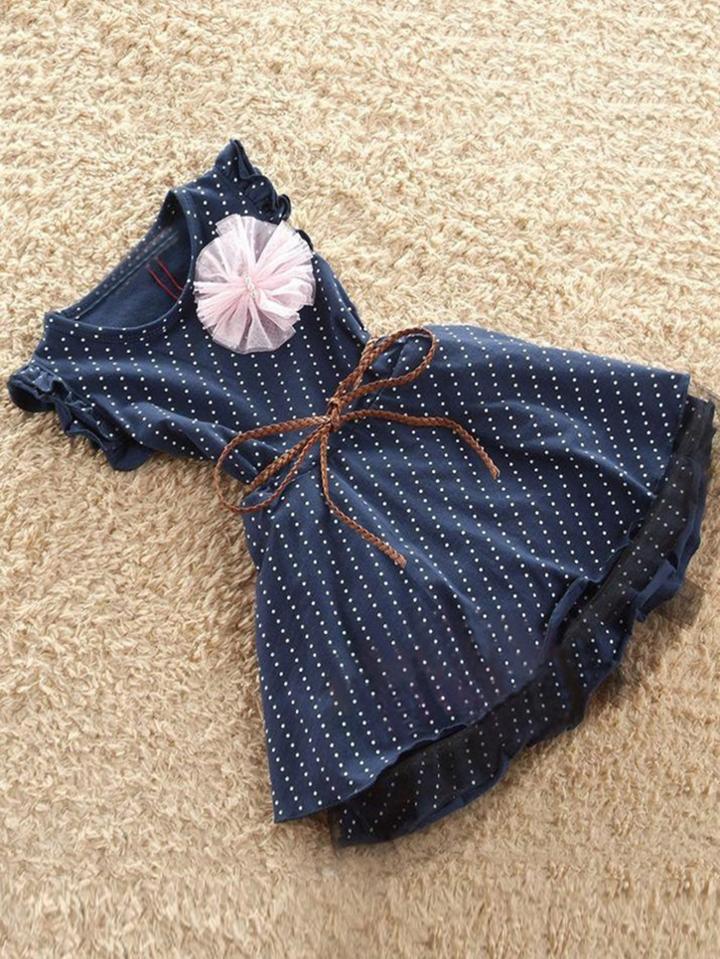 Romwe Stereo Flowers Frill Trim Spot Dress With Belt