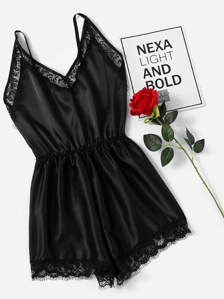 Romwe Lace Trim Open Back Cami Romper