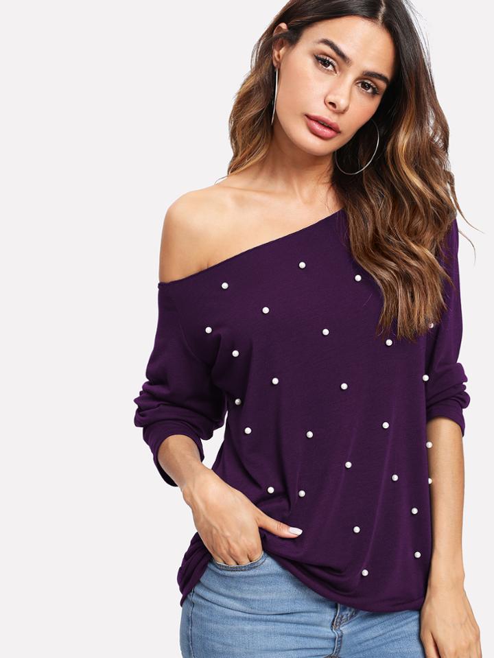 Romwe Pearl Detail Asymmetrical Shoulder Tee
