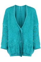 Romwe Green Oversized Riveted Cardigan