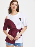 Romwe Contrast Plaid Panel Embroidered Asymmetric Self Tie Top