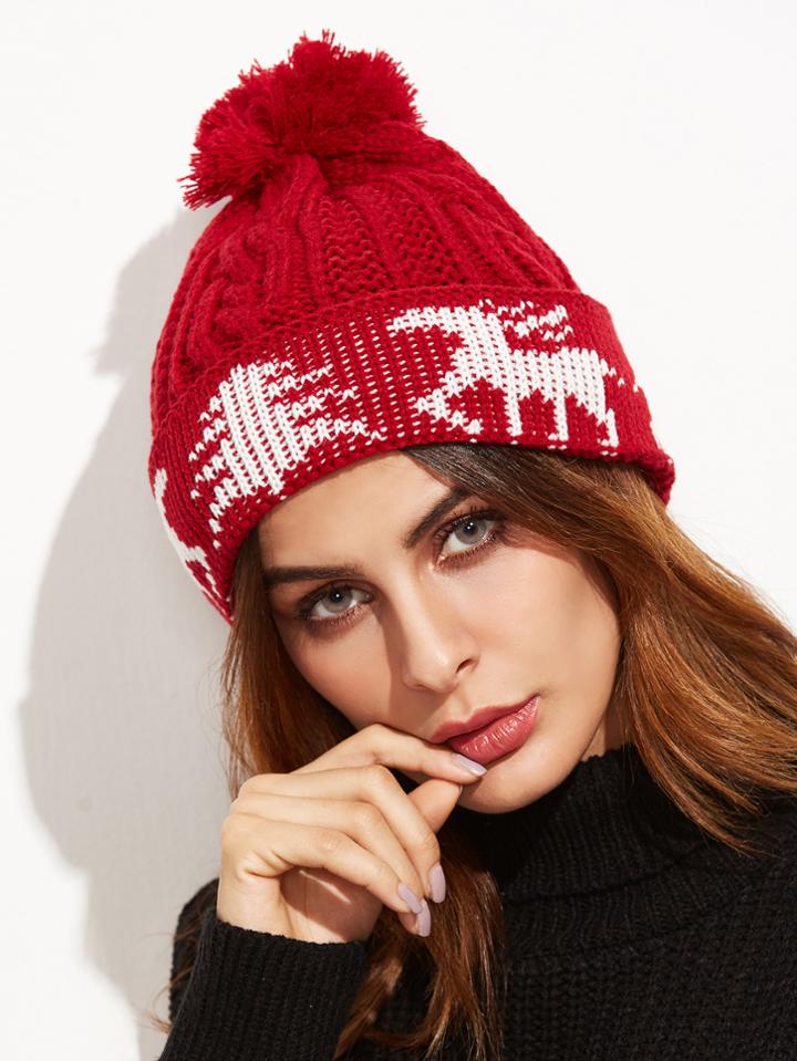 Romwe Red Christmas Pom Pom Knit Hat