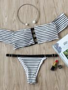 Romwe Striped Cutout Front Off The Shoulder Bikini Set