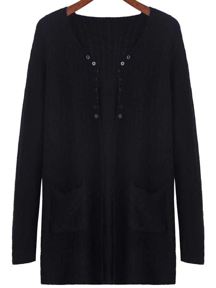 Romwe Long Sleeve Buttons Pockets Black Coat